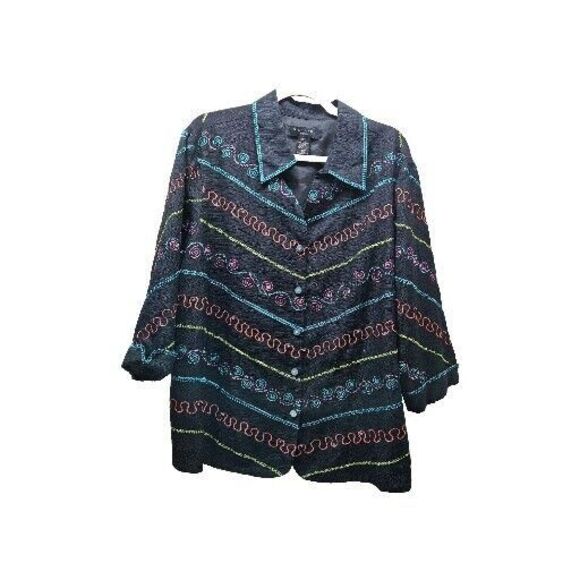 Silk Land Womens Black 100% Silk Colorful Artsy Blazer Jacket 20W - Picture 2 of 10